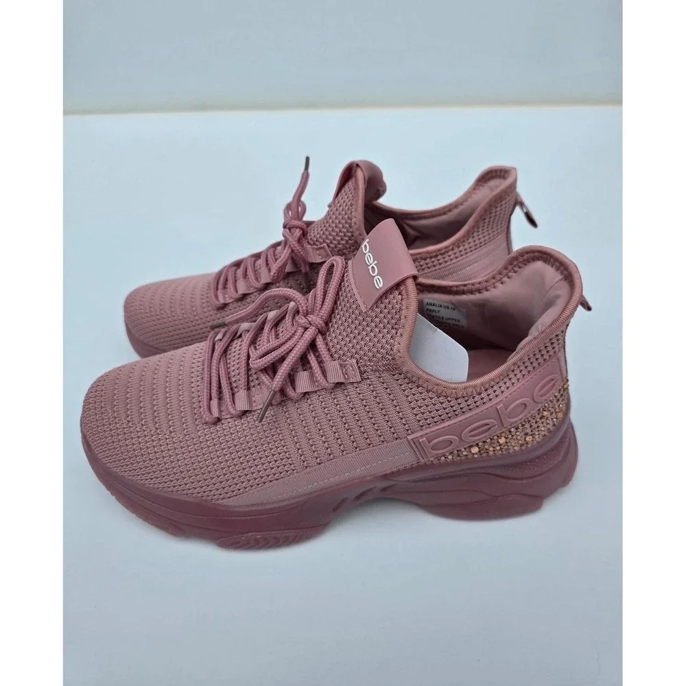 NWT Bebe Sport Analia Knit Sneakers Pink/Rose Gold Rhinestone Women's Size 10 - Picture 2 of 7